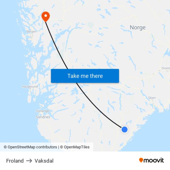 Froland to Vaksdal map