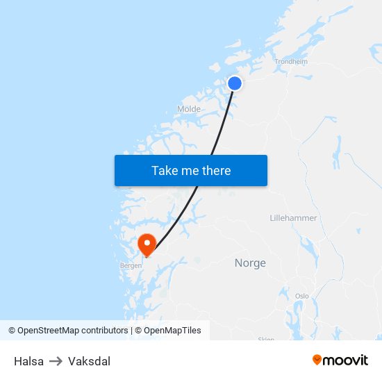 Halsa to Vaksdal map