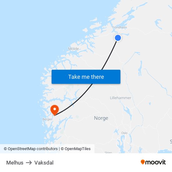 Melhus to Vaksdal map