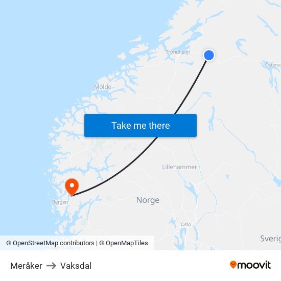 Meråker to Vaksdal map