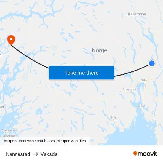 Nannestad to Vaksdal map