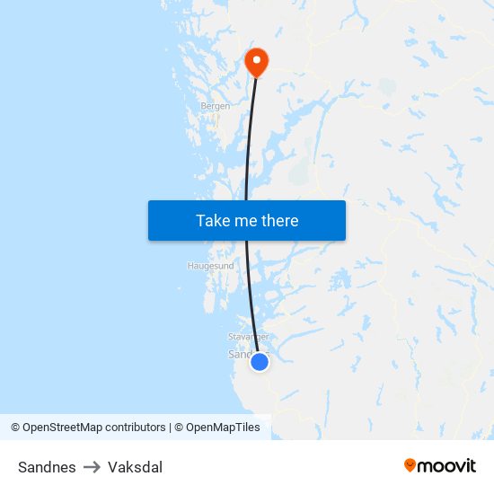 Sandnes to Vaksdal map