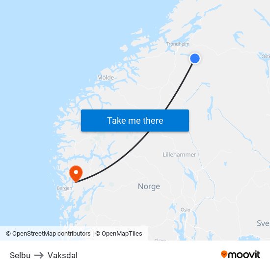 Selbu to Vaksdal map