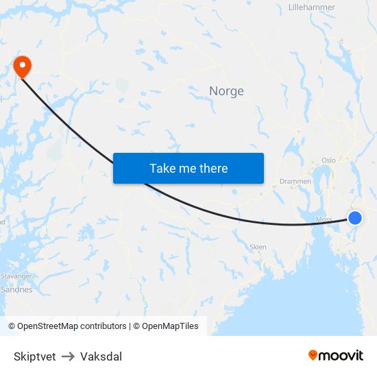 Skiptvet to Vaksdal map