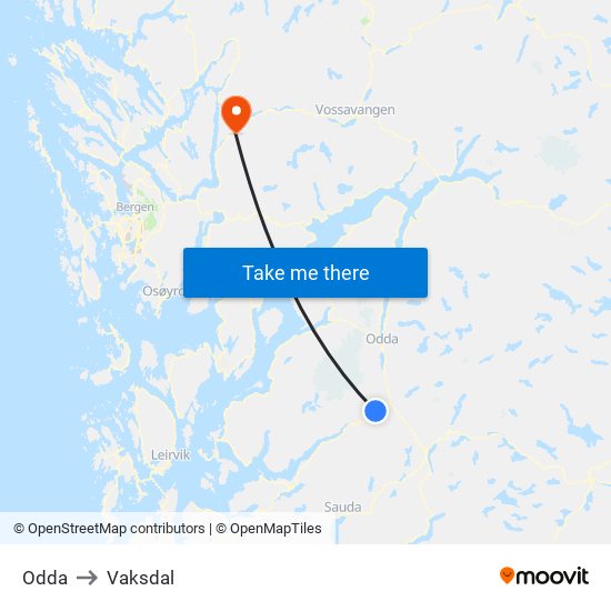 Odda to Vaksdal map