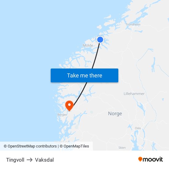 Tingvoll to Vaksdal map