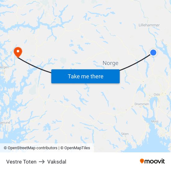 Vestre Toten to Vaksdal map