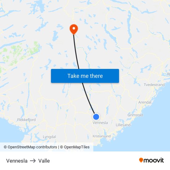 Vennesla to Valle map