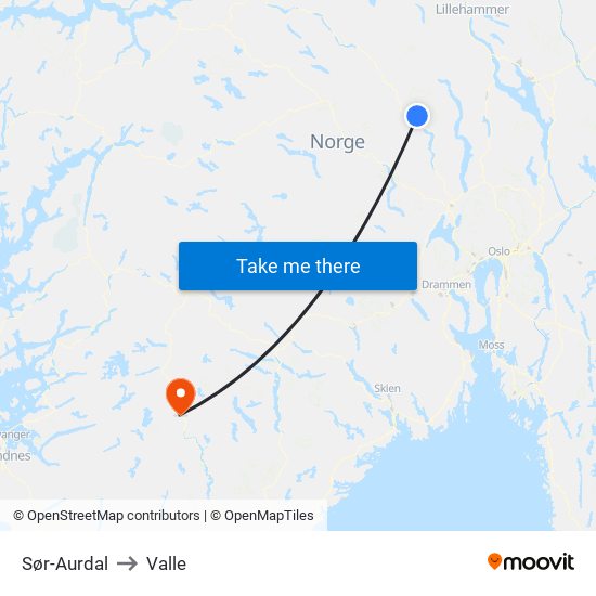 Sør-Aurdal to Valle map