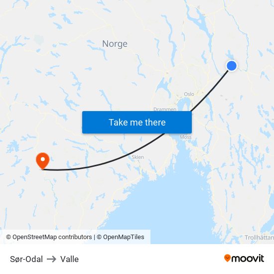 Sør-Odal to Valle map