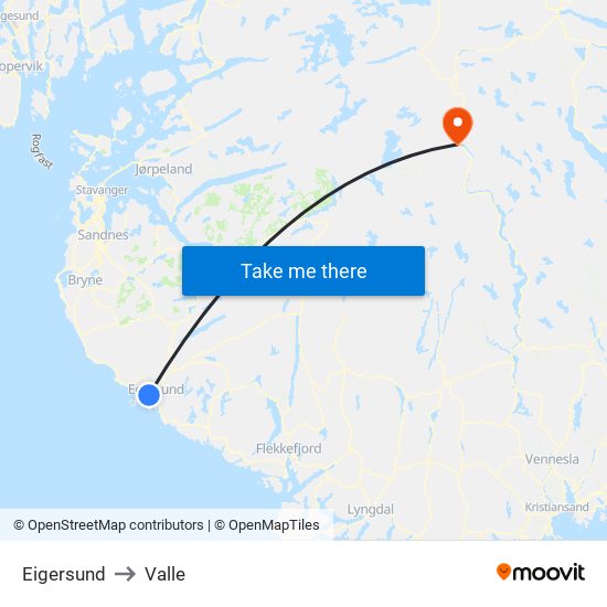 Eigersund to Valle map