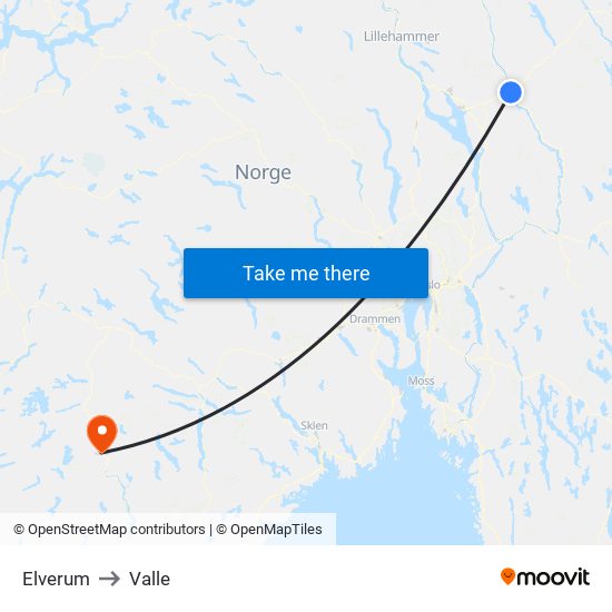 Elverum to Valle map