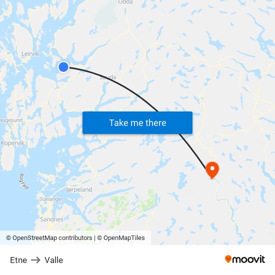 Etne to Valle map