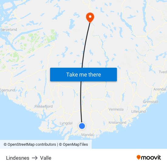 Lindesnes to Valle map