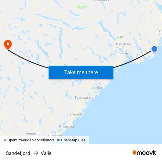 Sandefjord to Valle map