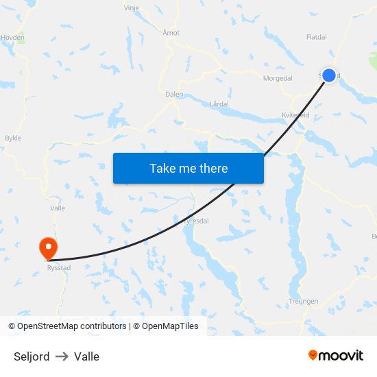 Seljord to Valle map
