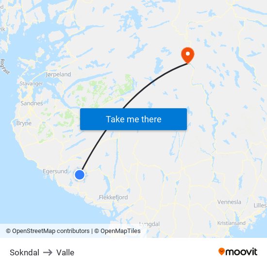 Sokndal to Valle map