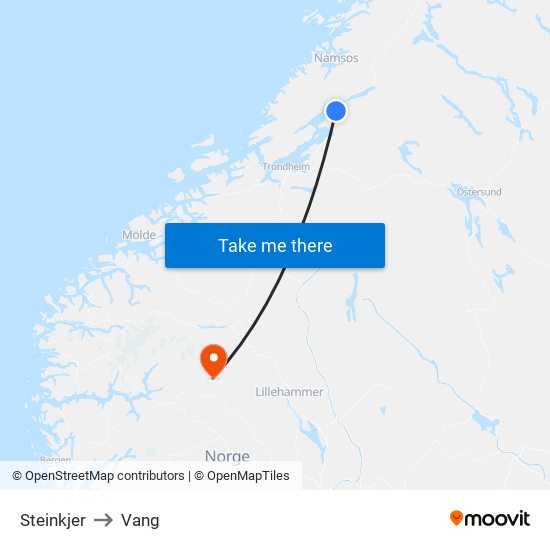 Steinkjer to Vang map