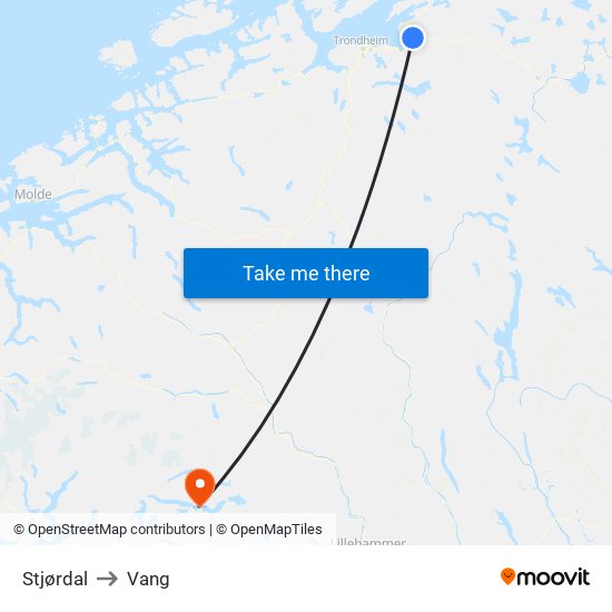Stjørdal to Vang map