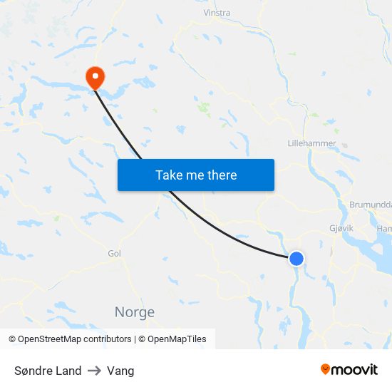 Søndre Land to Vang map