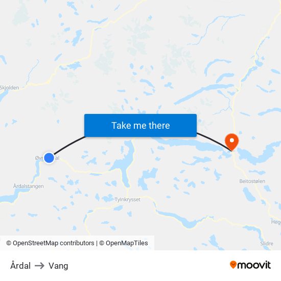 Årdal to Vang map