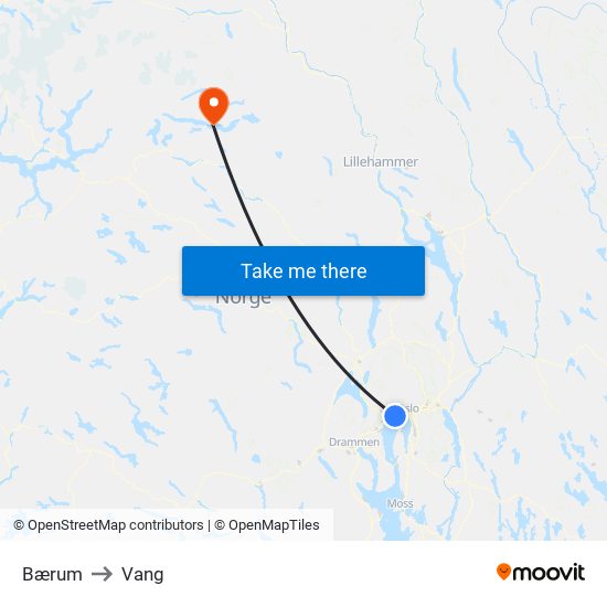 Bærum to Vang map