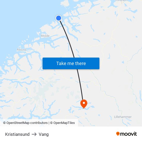 Kristiansund to Vang map