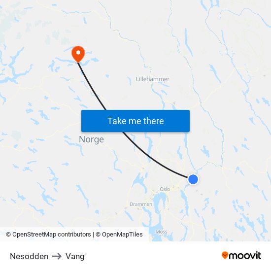 Nesodden to Vang map