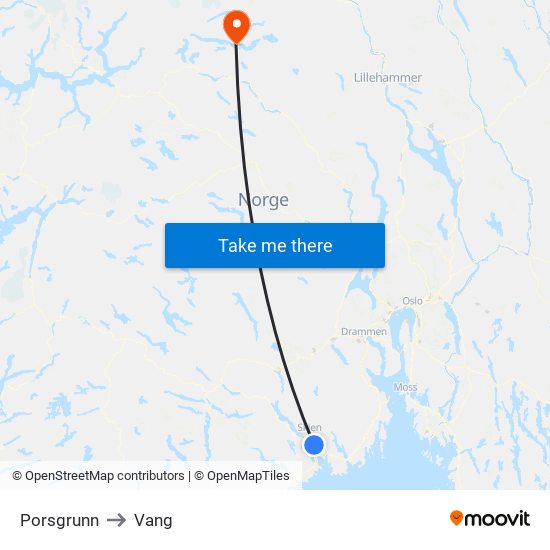 Porsgrunn to Vang map