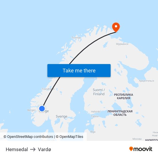 Hemsedal to Vardø map