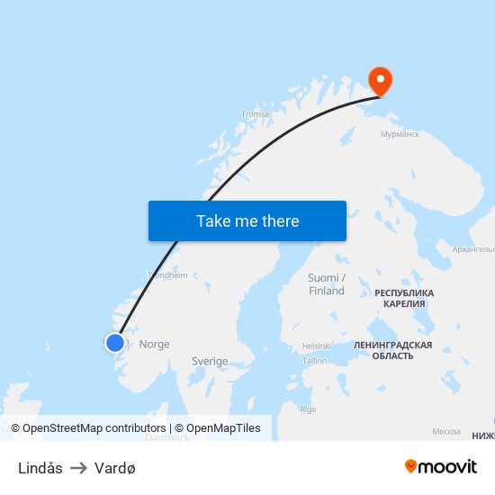 Lindås to Vardø map