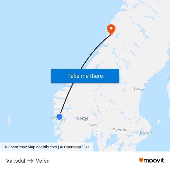 Vaksdal to Vefsn map