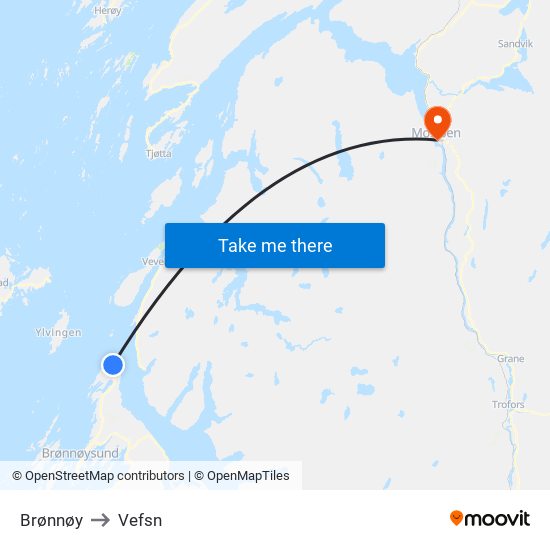 Brønnøy to Vefsn map