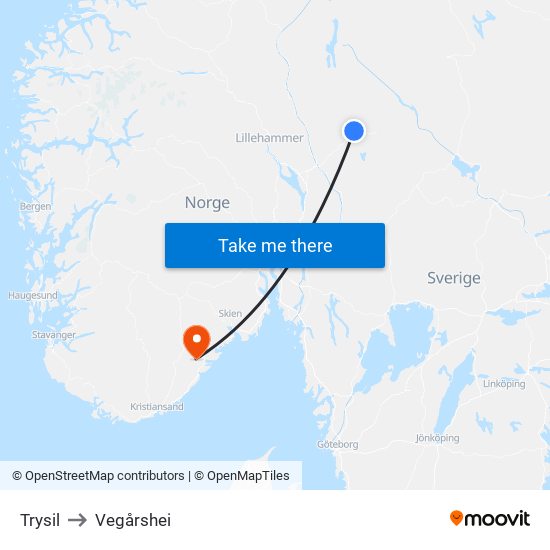 Trysil to Vegårshei map