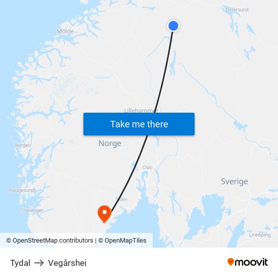 Tydal to Vegårshei map