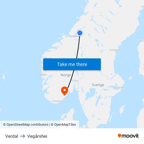 Verdal to Vegårshei map