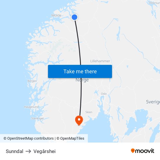 Sunndal to Vegårshei map