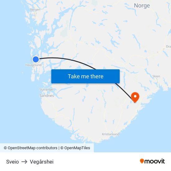 Sveio to Vegårshei map