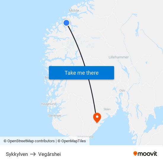 Sykkylven to Vegårshei map