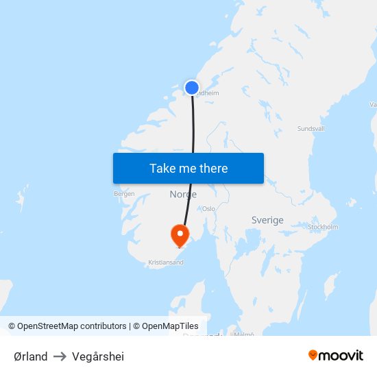 Ørland to Vegårshei map