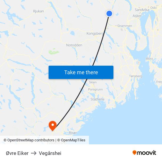 Øvre Eiker to Vegårshei map