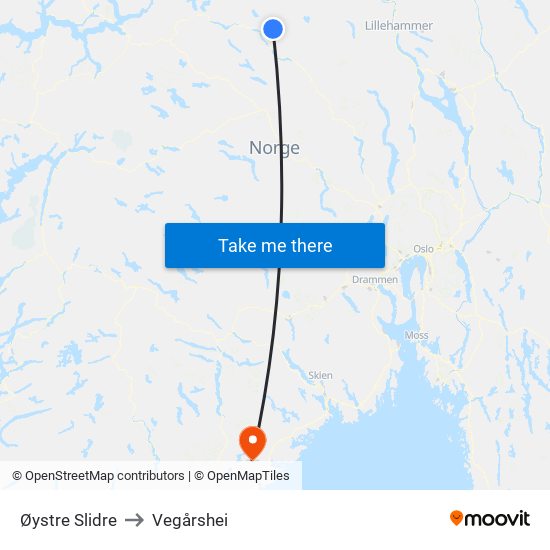 Øystre Slidre to Vegårshei map