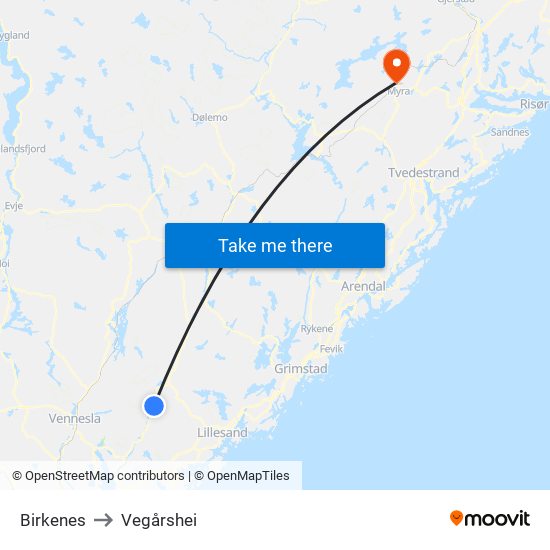 Birkenes to Vegårshei map
