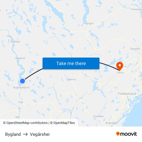 Bygland to Vegårshei map
