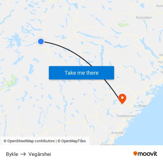 Bykle to Vegårshei map