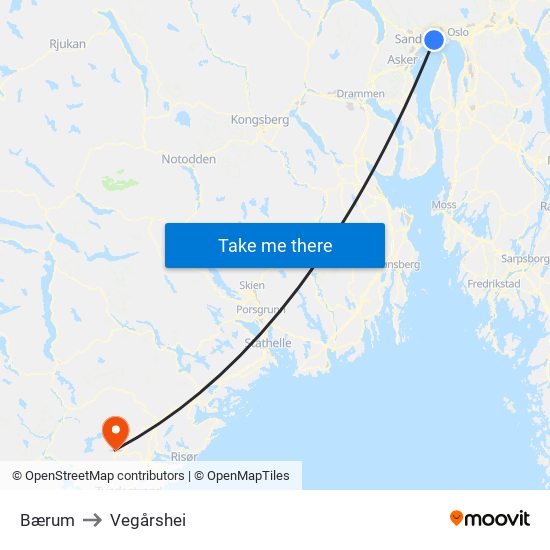 Bærum to Vegårshei map