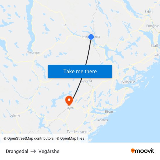 Drangedal to Vegårshei map