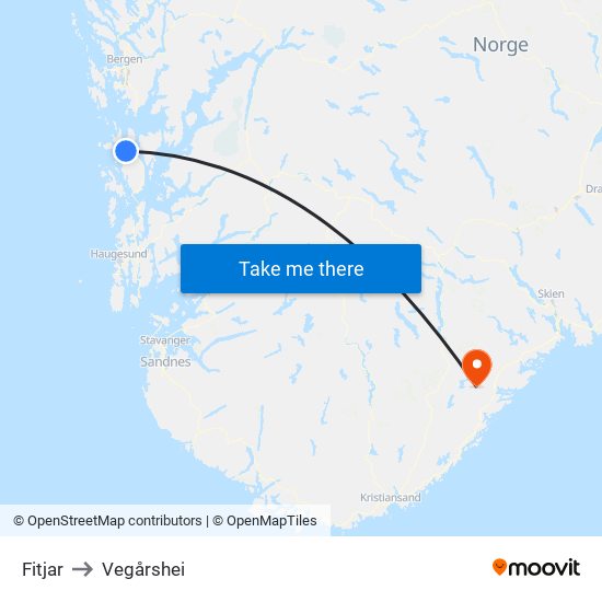 Fitjar to Vegårshei map