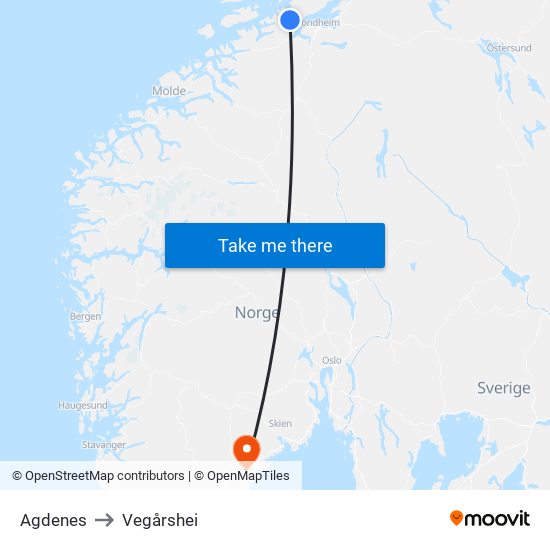 Agdenes to Vegårshei map