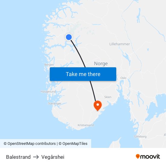 Balestrand to Vegårshei map